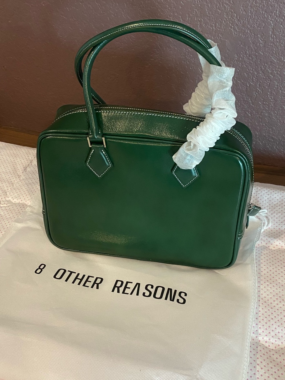 NWT 8 Other Reasons Emerald Green Leather Top Handle Satchel Bag w/Duster